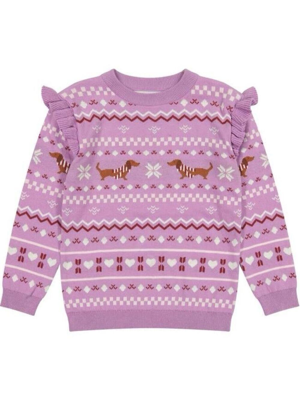 Andy & Evan Kids Purple Holiday Sweater with Dachshund Pattern and Ruffles
